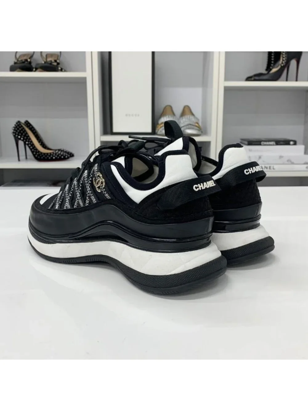 Chanel CC Logo Fabric Leather Sneakers Black White